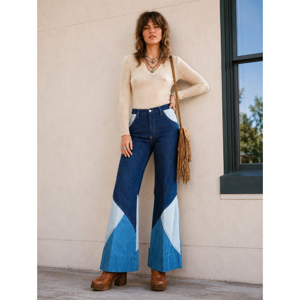 Vintage 1970s Patchwork Size 32x30 10 Colorblock Denim Bell Bottom Flare Jeans